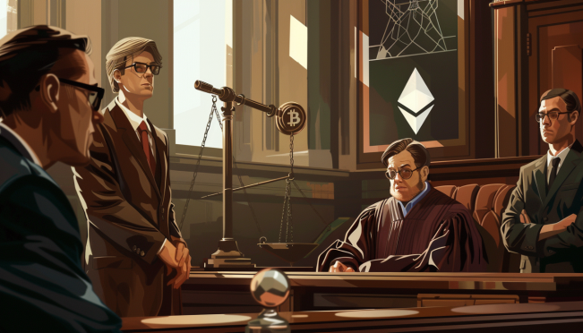 A courtroom scene with a stern judge denying bail, a frustrated defense lawyer, and a dejected Alexey Pertsev sitting behind bars. Include symbols of cryptocurrency like Ethereum logos and a gavel striking down. Background hints of digital networks to represent blockchain technology.