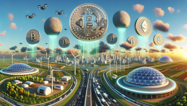 cryptocurrency coins against a backdrop of digital transformation and eco-friendly transportation solutions