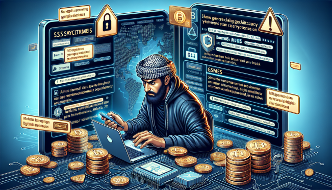 A digital illustration depicting a hacker breaching an SMS security system to steal cryptocurrency, with elements representing both OKX and Binance exchanges. Include visuals of warning notifications, API keys, and digital wallets.