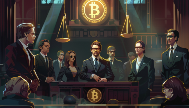 A courtroom scene with cryptocurrency symbols, business executives in suits, and a family looking distressed. Include scales of justice to symbolize the legal battle.