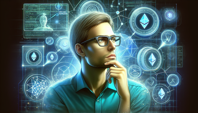 A creative illustration showing Vitalik Buterin, Ethereum logos, Zero-Knowledge proofs, and tokens being distributed through an airdrop. Include elements of blockchain identity and credential frameworks.