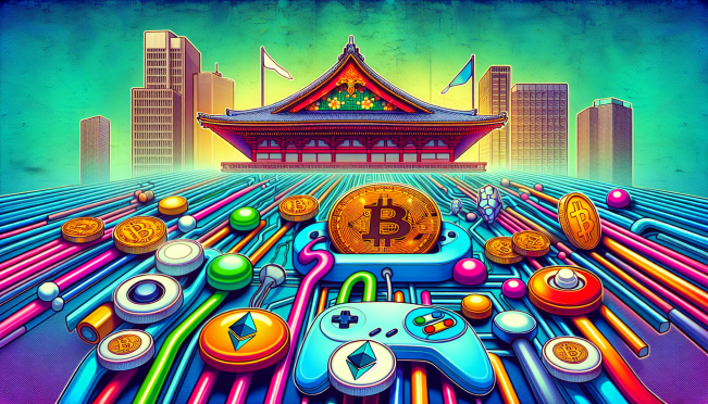 A dynamic image showing a blend of traditional Japanese gaming culture and modern blockchain elements. Include symbols of cryptocurrency, gaming consoles, and the official FSA building in the background.