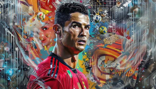 Cristiano Ronaldo in various iconic football jerseys, surrounded by digital art representing Madeira, Lisbon, Manchester, Madrid, Turin, Saudi Arabia, and Portugal, with a background of blockchain elements and NFTs.