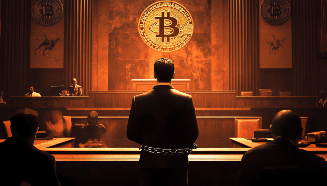 A dramatic scene featuring a courtroom with a man in handcuffs (Andreas Szakacs) standing before a judge, with symbols of cryptocurrency and forex trading like Bitcoin and dollar signs in the background. Include elements of Turkish architecture to set the location, and a shadowy figure to represent the anonymous informant.