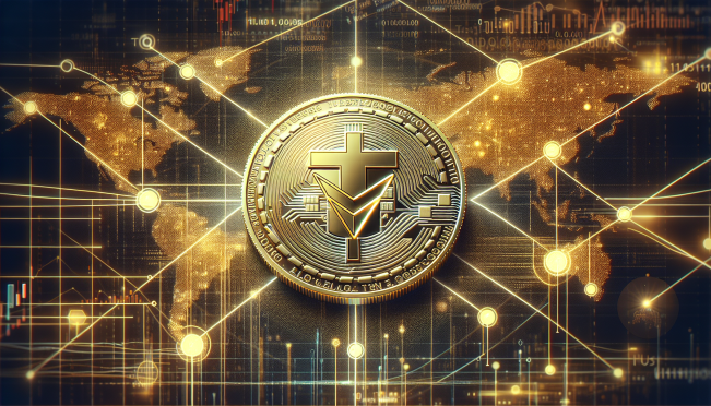 A digital gold coin symbolizing a stablecoin backed by Tether Gold, with a background showing cross-border financial transactions and blockchain technology elements.