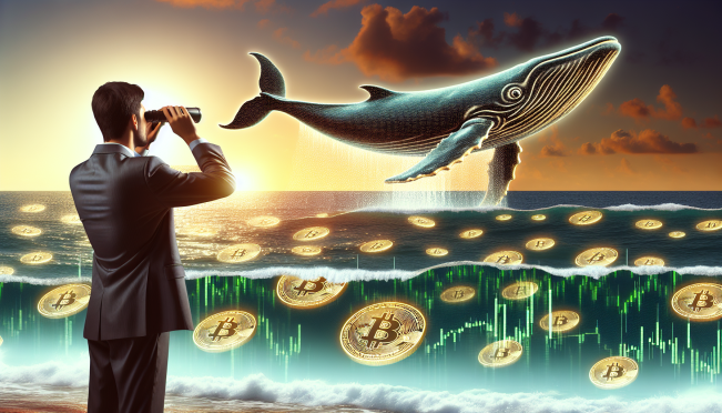 A whale swimming in a digital ocean made of Bitcoin symbols, with fluctuating price charts in the background and a businessman observing through binoculars.