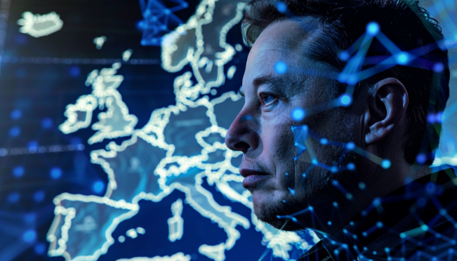 A futuristic AI chatbot symbolizing Grok AI and Grok 2, with Elon Musk looking towards a digital European map in the background, representing the ambition to conquer the EU market with advanced AI technology.