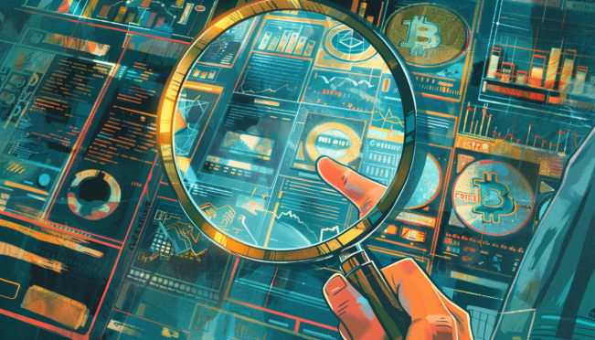 An illustration of a magnifying glass over a digital screen displaying various cryptocurrency ads, highlighting the themes of scrutiny, regulation, and transparency in the crypto industry.