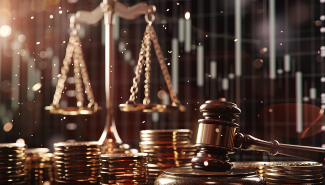 A visual representation of the balance scales of justice superimposed over digital coins and a gavel, symbolizing the legal challenges and financial efforts in the FTX saga