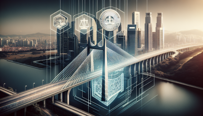 A sleek and modern bridge extending from a traditional cityscape into a futuristic digital realm, symbolizing the merging of traditional finance and cryptocurrency, with the logos of BlackRock, Securitize, and Arbitrum visible