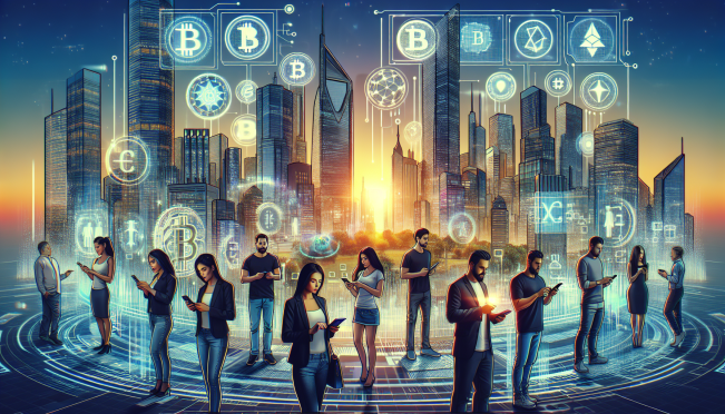 A futuristic cityscape where people are making payments using cryptocurrency through their smartphones. The scene includes elements like stablecoins, blockchain technology symbols, and human-readable names displayed on digital screens.