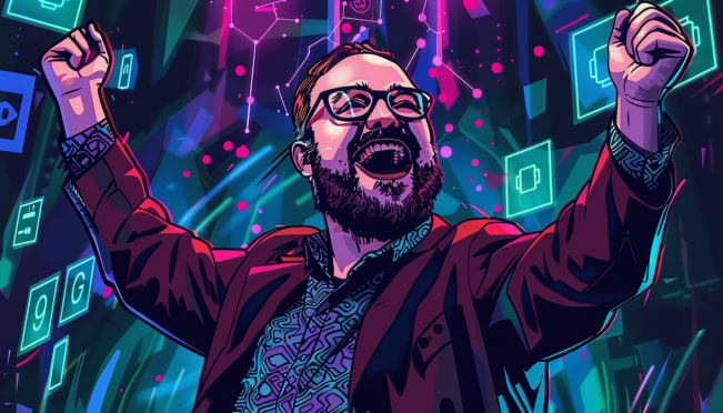 An illustration of Charles Hoskinson celebrating, with a futuristic blockchain network in the background, highlighting the transition to the Chang era with visual elements representing Node 9.0 and on-chain governance.