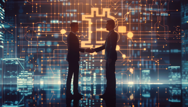 A corporate transition scene with two business executives shaking hands, set against the backdrop of Grayscale's headquarters. Include elements of Bitcoin and cryptocurrency symbols subtly integrated into the background.