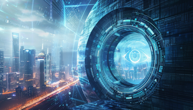 A futuristic representation of digital identities being secured in a vault, with a backdrop of global landmarks to symbolize international regulatory engagement and the iris as a key symbol of identity.