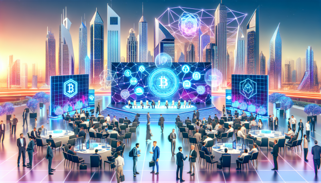 A vibrant, futuristic conference setting in Dubai with TOKEN2049 branding, featuring diverse groups of people networking, discussing, and showcasing innovative blockchain and crypto technologies, under the backdrop of the iconic Dubai skyline.