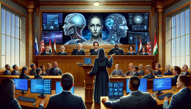 A courtroom scene with a judge, lawyers, and a backdrop of computer screens displaying AI algorithms and deepfake images, highlighting the themes of legal action and technology misuse.