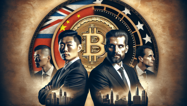 A dynamic illustration showing Justin Sun on one side and Donald Trump on the other, both looking towards a central Bitcoin symbol. In the background, elements representing China and the US are juxtaposed to highlight the geopolitical tension and the potential for competition in cryptocurrency regulation.