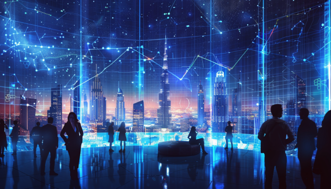 A dynamic and engaging scene at the Dubai Crypto Event '24, featuring an animated discussion between BingX Chief Product Officer Vivien Li and attendees, with a futuristic Dubai skyline in the background, symbolizing the forward-looking nature of blockchain and cryptocurrency innovations