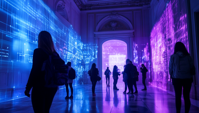 A vibrant scene at the Palacio de Cibeles in Madrid, showcasing a futuristic blend of WEB3 technology, blockchain, AI, and immersive art installations. Include diverse professionals and enthusiasts engaging in discussions and networking.