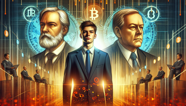 A digital artwork depicting Hayden Adams standing firmly between two looming figures representing the SEC and Senator Elizabeth Warren, with a backdrop of digital currency symbols highlighting the tension and the need for a bridge between traditional regulatory bodies and the evolving world of cryptocurrencies.