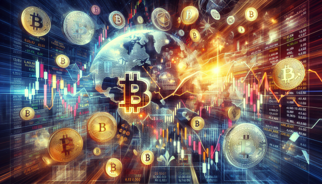 A dynamic image of financial markets integrating cryptocurrency derivatives, showcasing a blend of traditional financial symbols and Bitcoin imagery, with a focus on Nasdaq and SEC elements.