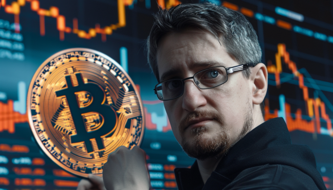 Edward Snowden with a backdrop featuring a Bitcoin symbol and a stock market graph showing a dramatic dip, symbolizing the NYSE glitch and the resilience of decentralized finance.