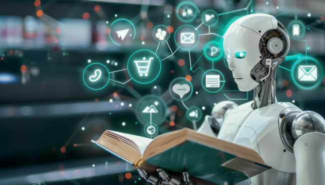 A futuristic AI robot reading a book with search icons and digital data streams in the background, symbolizing the intersection of artificial intelligence and online search technology.