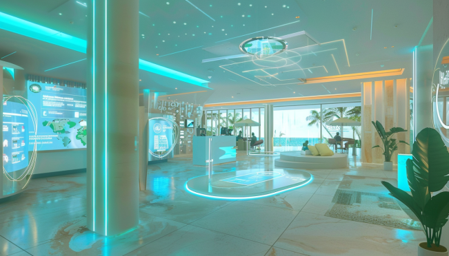 A futuristic bank in the Bahamas with holographic displays of the Sand Dollar CBDC being distributed to diverse customers, highlighting the integration of digital and traditional banking systems.