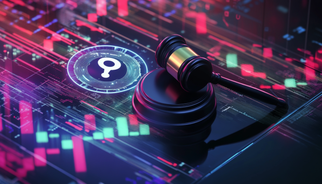 A dynamic image showing a gavel, a Ripple logo, and the RLUSD stablecoin symbol against a backdrop of financial charts and blockchain imagery.