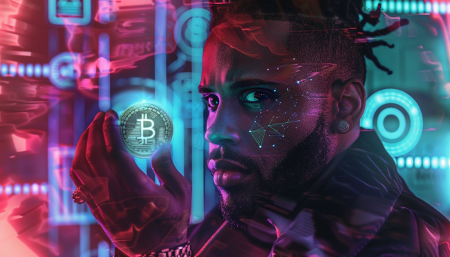 Create an image featuring Jason Derulo holding a futuristic-looking coin with blockchain symbols in the background, surrounded by elements indicating controversy like warning signs and question marks.