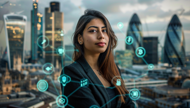 Generate an image of Tulip Siddiq, with the City of London skyline in the background, surrounded by symbols of digital assets and tokenization.