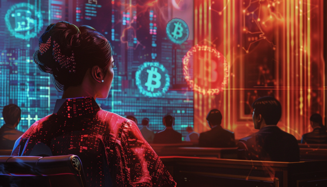 A dramatic courtroom scene featuring Taiwanese singer Nine Chen, cryptocurrency symbols, and a bustling cityscape of Taipei, highlighting the high-profile nature of the JPEX fraud case.