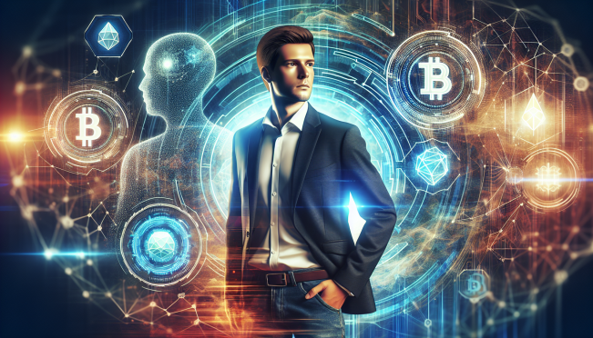 A futuristic depiction of AI and cryptocurrency revolution with Elon Musk, NEAR Protocol, and Render logos intertwined, symbolizing the merging of advanced technology and finance in a digital world.