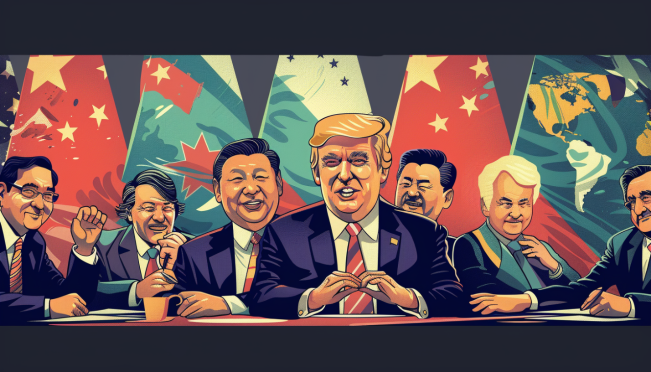 A dynamic and tense illustration of world leaders in a summit setting, with a backdrop featuring flags of G7 countries, China, and Russia. The image should convey the theme of economic tension and global diplomacy, with symbolic elements representing trade and sanctions.