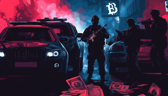 A dramatic police operation in Ukraine, featuring cyber police officers in action, digital cryptocurrency symbols like Tether (USDT), and elements like seized luxury cars, computer equipment, and fake IDs. The scene should convey urgency and high stakes, with a backdrop of law enforcement activity.