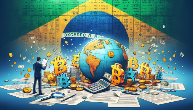 An illustration showing Brazil's tax authority investigating cryptocurrency exchanges, with symbols of Bitcoin and other cryptocurrencies, set against the backdrop of the Brazilian flag and tax documents.