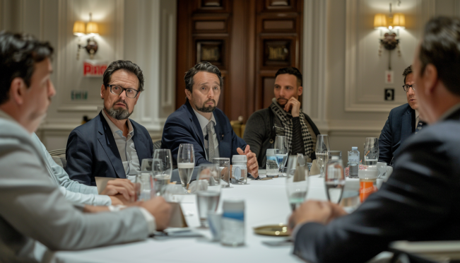 A high-profile meeting at a historic hotel near the White House, featuring prominent crypto industry leaders and senior White House officials, with an air of intense discussion and negotiation.