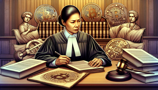 A courtroom scene with a judge delivering a verdict, with symbols of cryptocurrency like Bitcoin and legal documents on the desk, symbolizing the intersection of law and digital finance.