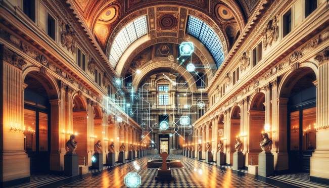 The historic Museum of Decorative Arts in the Louvre Palace, Paris, with a futuristic digital overlay symbolizing blockchain and Web 3.0