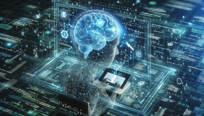 A futuristic AI model, depicted as a digital brain, solving complex mathematical equations and coding tasks on a holographic screen, with a background of scientific symbols and coding lines.