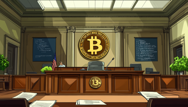 A courtroom setting with a digital bitcoin symbol intertwined with legal documents, representing the legal battle over Silk Road bitcoins.