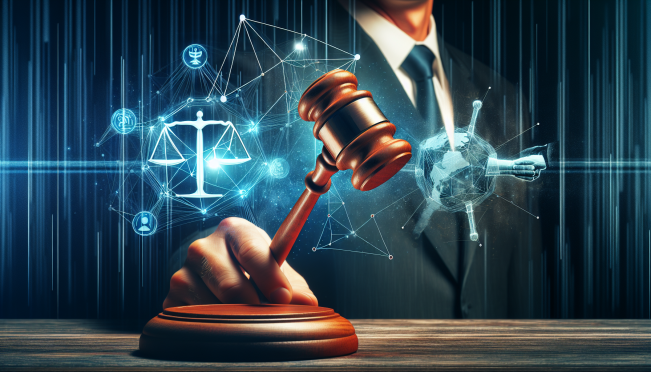 A dynamic image showing a blend of a gavel, a digital network representing the Silk Road, and a portrait of Donald Trump with a determined expression. The background should subtly depict a political rally with a digital twist, symbolizing the intersection of justice, politics, and technology.