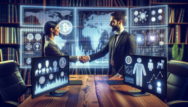 A dynamic scene depicting a handshake between representatives of Zodia Markets and Elwood Technologies, with digital assets symbols and trading charts in the background, symbolizing the acquisition and focus on cryptocurrency trading and SaaS products.