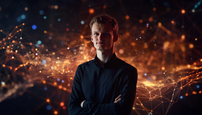 Vitalik Buterin standing in front of a digital Ethereum logo, with a visual representation of ETH being transferred to Paxos. Background should include blockchain networks and market trend graphs showing volatility.