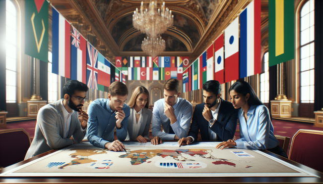 A diverse group of leaders from BRICS nations in a grand hall, discussing plans with maps and documents. A background featuring flags of BRICS countries and symbols of economic growth and unity.