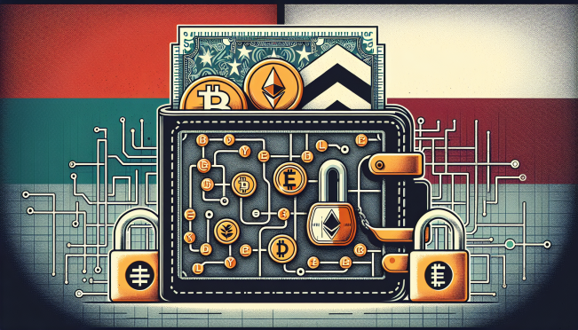 A close-up of a digital wallet with the flags of Lithuania, Latvia, and the European Union in the background. The wallet shows signs of being restricted or sanctioned. Include elements of cryptocurrency symbols and bank transfers in Russian rubles.