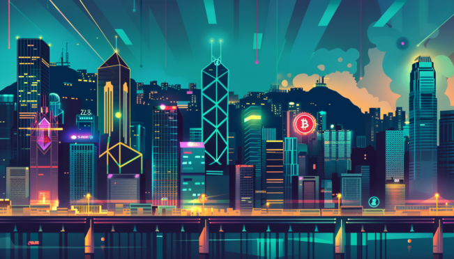 A sleek, modern infographic showing ZA Bank logo, Hong Kong skyline, cryptocurrency symbols like Bitcoin and Ethereum, and a stamp of approval. Include visual elements indicating regulation, such as checkmarks and legal scales, to represent the new regulatory framework for crypto exchanges.