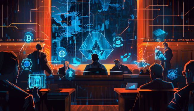 A dramatic courtroom scene featuring representatives from Matter Labs, Starkware, Polygon, and Polyhedra in a heated debate over the 'ZK' trademark, with blockchain symbols and code in the background.