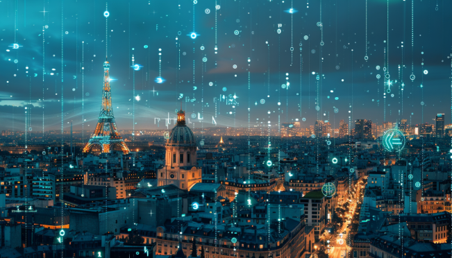 A dynamic and futuristic image depicting a European cityscape integrated with digital cryptocurrency symbols like Bitcoin, Ethereum, and Solana, showcasing Stripe's payment processing technology and seamless crypto transactions through credit or debit cards.