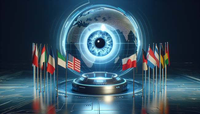 A futuristic iris-scanning device emitting a soft blue light, with a digital globe in the background symbolizing global identity verification, surrounded by various national flags to represent the international scrutiny and regulatory challenges faced by the technology.